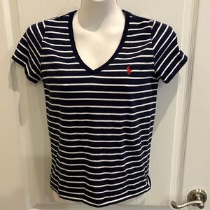 Polo Ralph Lauren Women's Modern Nautical Navy and White Striped V-neck Tee Sz M